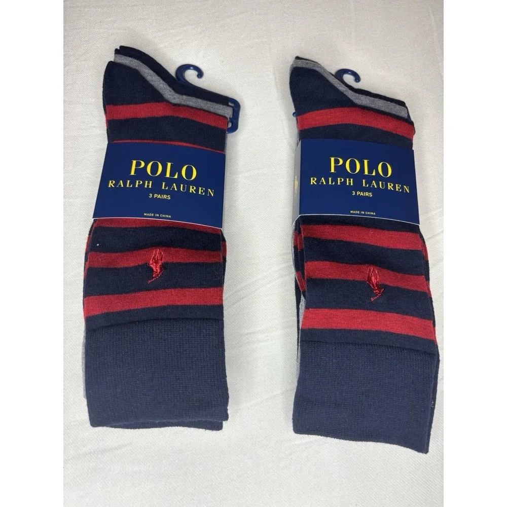 Polo Ralph Lauren Striped/Solid Socks (3 Pairs) Navy Multi Lot Of 2 NEW With Tag
